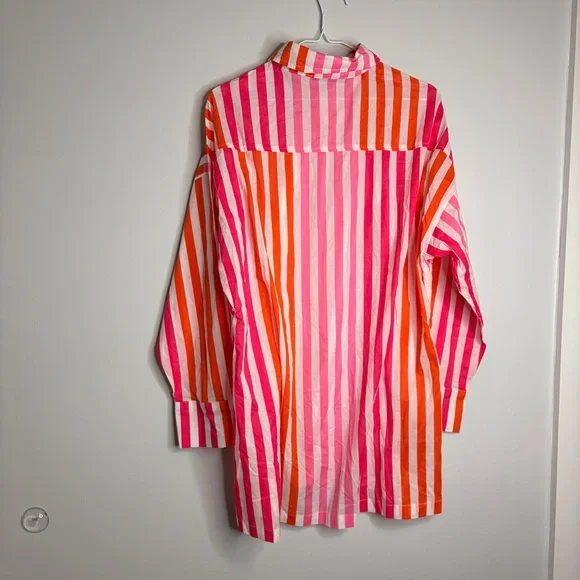 Beach Riot NWOT Womens L/XL Pink & Orange Striped Button-Up Shirt Swim Cover - Picture 9 of 10
